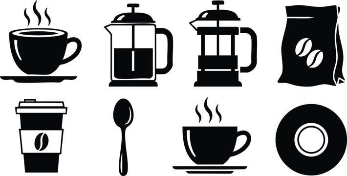Coffee icons collection featuring cup, French press, coffee bag, spoon, and donut for beverage design and branding 