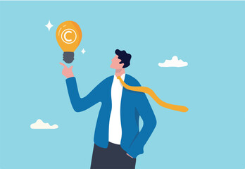 Copyright reserved, trademark intellectual property protection, original idea or innovation, legal or law protection registered concept, businessman holding light bulb idea with copyright symbol. 