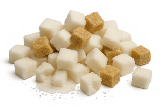 Sugar cubes forming a pile, white and brown sugar, sweet food ingredient for baking and drinks, transparent background