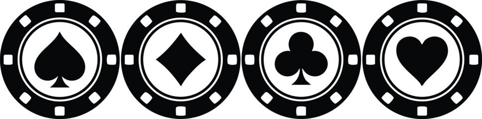 Playing card symbols featured on casino chips create an engaging gambling atmosphere for enthusiasts and players 