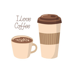 Coffee in a disposable cup. Cup of coffee. Hand lettering. Set of linear icons. International Coffee Day. Flat illustration. Isolated background.