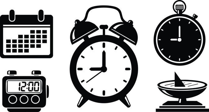 Time management icons featuring clocks, alarm clocks, and calendars for productivity enhancement 