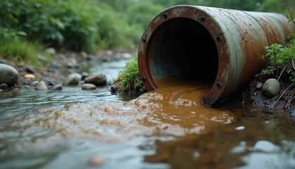 Rusty pipe dumps muddy liquid into clear stream near green plants. Water pollution harms ecosystem and aquatic life. Environmental problem needs awareness and solutions for future.