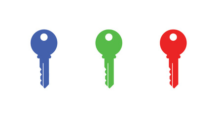 Three colorful keys in blue green and red isolated on white