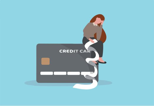Credit card debt problem, overspend or shopping trouble, consumerism or buying addicted causing financial problem concept, hopeless woman sitting with long list overdue bills on credit card.