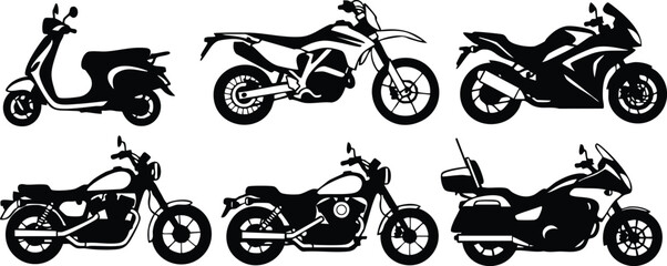 Various motorcycle types including scooters and cruisers showcased in a sleek vector design for enthusiasts and graphic projects 