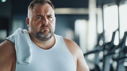 Middle-aged man in gym with white tank top and towel, portraying determination and effort during fitness training.