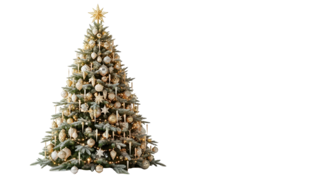Elegant christmas tree with golden decorations and star topper for holiday celebration