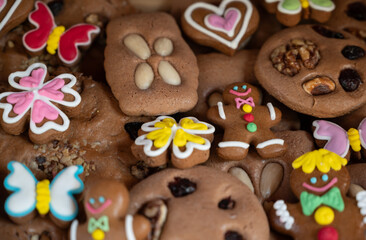 Prague, Czech Republic, August 9, 2023. In a pastry shop window, typical gingerbread cookies shaped like little men. Local food specialties.