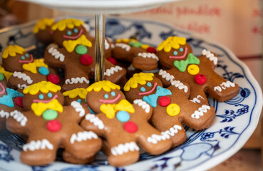 Prague, Czech Republic, August 9, 2023. In a pastry shop window, typical gingerbread cookies shaped like little men. Local food specialties.