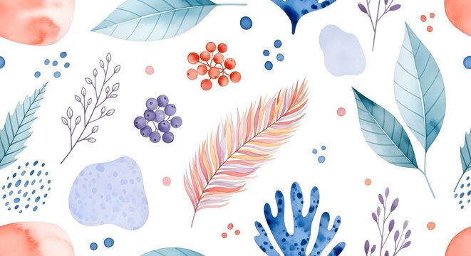 Delicate watercolor foliage pattern creates a peaceful, organic vibe for your next project with elegant leaves and berries design elements