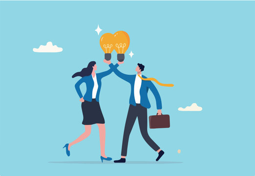Exchange idea, creativity and innovation, brainstorming or sharing intelligence data, solution or communication, discussing or learn together, businessman and woman share lightbulb idea to colleagues.