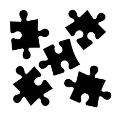 Fototapeta premium Scattered black jigsaw puzzle pieces — minimal puzzle icon set, game pieces silhouette for education, teamwork and problem-solving concept