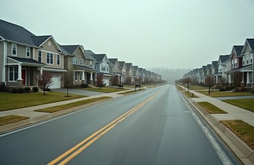 Fototapeta premium Rows of identical suburban homes with neat lawns line a wet asphalt road disappearing into fog. Uniform residential architecture creates a quiet streetscape. Modern new construction offers comfort.