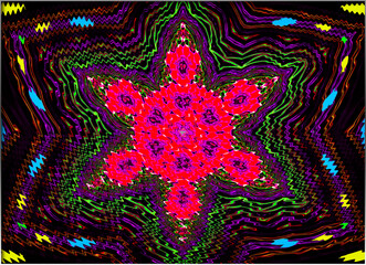 A vibrant, abstract design featuring a central flower-like pattern in intense colors. The background consists of swirling multicolored waves.