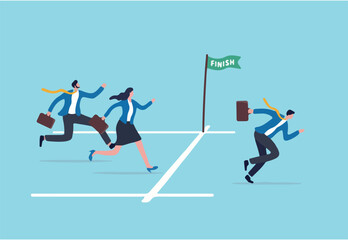 Go extra miles or extra step ahead the goal, push more effort to ensure succeed, exceed or beyond expectation, dedication concept, businessman running extra mile from finish line to ensure success.