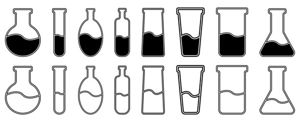 Vector drawing of glass tubes, flasks for chemical experiments, empty and filled. Glass flask for alchemy, magic drinks. A set of flasks for the design of magical rituals. Black and white.