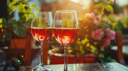 Two glasses of wine on an open wooden table in an outdoor cafe symbolize relaxation and vacation.