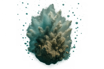 Underwater explosion releasing debris and gases, dynamic blast creating turbulent bubbles and expanding shockwave effect