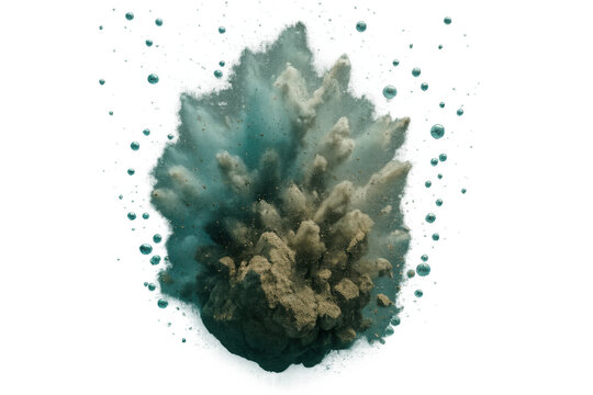 Underwater explosion releasing debris and gases, dynamic blast creating turbulent bubbles and expanding shockwave effect