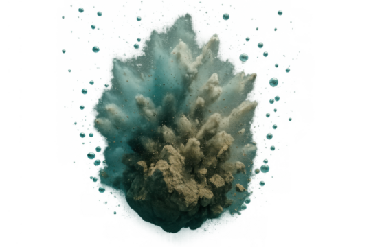 Underwater explosion releasing debris and gases, dynamic blast creating turbulent bubbles and expanding shockwave effect
