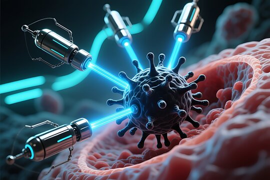 futuristic medical nanobots attacking a cancerous cell inside the human body, Advanced Medical Technology and Disease Treatment Concept