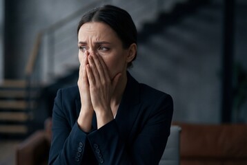 Sad woman in soft home lighting sitting on bed, quietly crying with face covered by hands, expressing inner pain and vulnerability in a moment of solitude