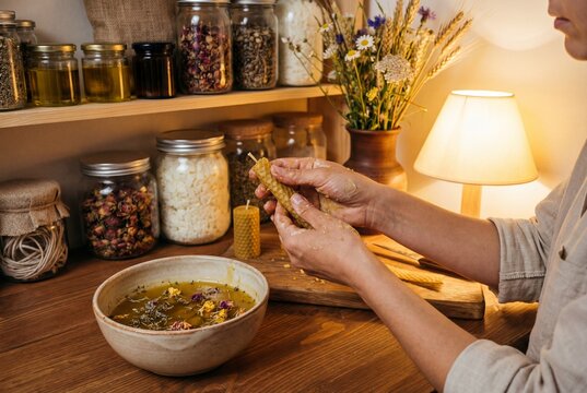 Close-up of woman's hands crafting handmade candle from recycled wax on wooden table; shelves with eco-friendly materials and vase of wildflowers in background