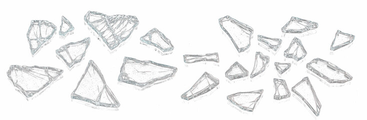 Shattered glass PNG isolated on white background, broken transparent glass fragments, cracked window effect, sharp shards and splinters, realistic break texture for design, damage or smash illustratio