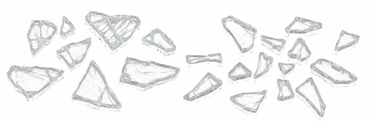 Shattered glass PNG isolated on white background, broken transparent glass fragments, cracked window effect, sharp shards and splinters, realistic break texture for design, damage or smash illustratio