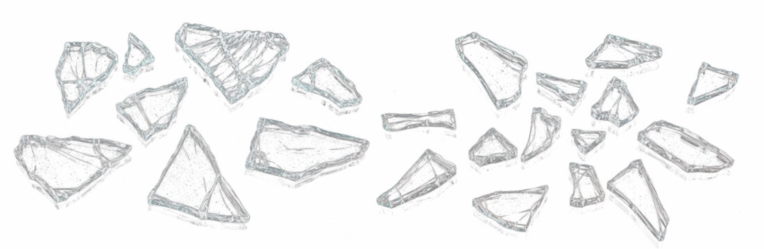 Shattered glass PNG isolated on white background, broken transparent glass fragments, cracked window effect, sharp shards and splinters, realistic break texture for design, damage or smash illustratio