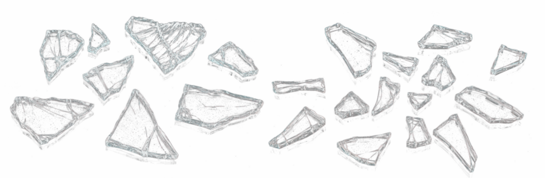 Shattered glass PNG isolated on white background, broken transparent glass fragments, cracked window effect, sharp shards and splinters, realistic break texture for design, damage or smash illustratio