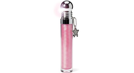 Glamorous pink lip gloss tube featuring a unique built-in LED light and metallic silver accents, isolated on a clean white background.
