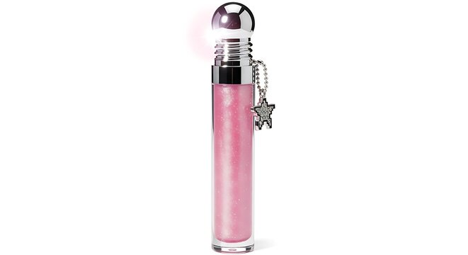 Glamorous pink lip gloss tube featuring a unique built-in LED light and metallic silver accents, isolated on a clean white background.