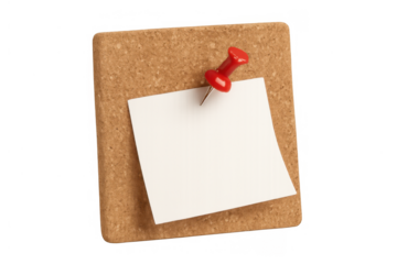 Cork board with a blank white sticky note pinned by a red pushpin for messages and reminders, transparent background
