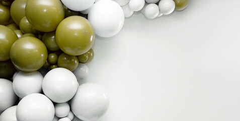 Minimalist balloon garland in white and olive tones forming a corner frame on a clean light background, perfect for celebrations, party decor, event branding and modern design layouts.