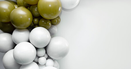 Minimalist balloon backdrop with white and olive-green balloons clustered on the left side, creating a modern festive composition with clean negative space on the right.