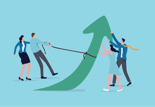 Teamwork and collaboration colleagues, togetherness and support each other to achieve business goal concept, group of businessmen and women office workers help and support to pull arrow rising up.