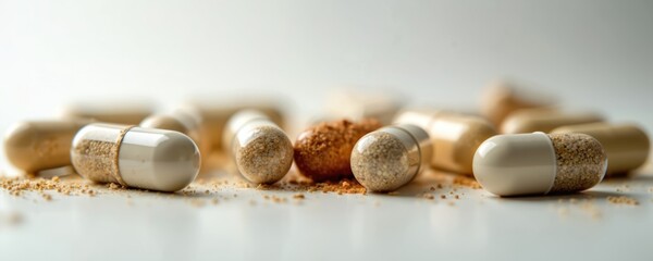 Various medical capsules with powder inside scattered on clean white surface. Capsules opaque, others transparent, revealing granular contents. Arrangement suggests medication, supplements, natural