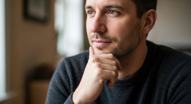 Contemplative man with thoughtful expression in cozy indoor setting - Powered by Adobe