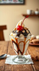 A simple ice cream sundae featuring a creamy scoop and toppings laid on a warm wooden table scene set on a vivid cream background
