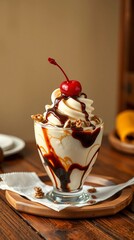 A comforting frozen treat crafted as an ice cream sundae with a silky creamy scoop and toppings on a wooden table with a bright cream background
