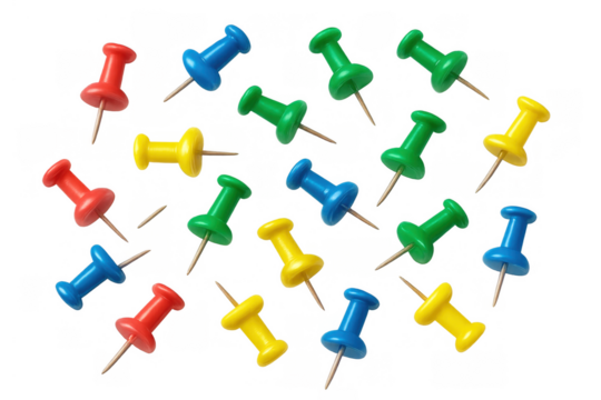 Colorful push pins arrayed, providing a vibrant stationery collection for organization, planning, and office supplies concept