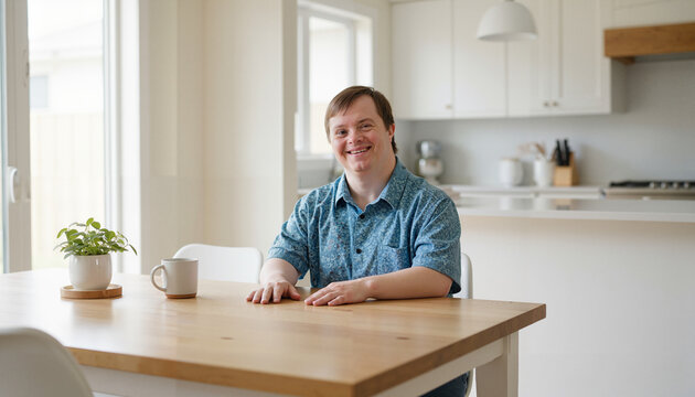 Young man with Down syndrome smiling while sitting at table indoors