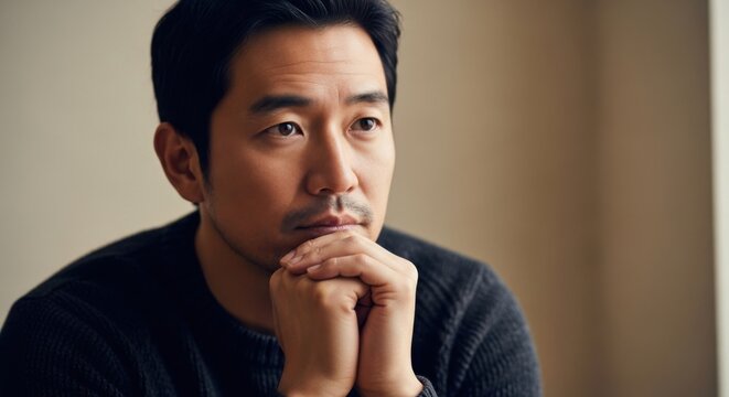 Contemplative man with thoughtful expression resting his chin on his hand in a candid shot