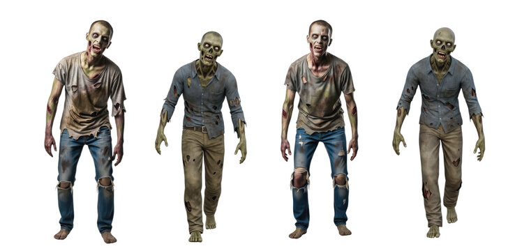 Zombie isolated on white background, creepy undead character with decayed skin and scary expression, classic horror creature for Halloween theme, spooky monster figure in detailed frightening design