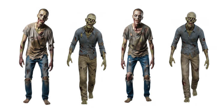 Zombie isolated on white background, creepy undead character with decayed skin and scary expression, classic horror creature for Halloween theme, spooky monster figure in detailed frightening design