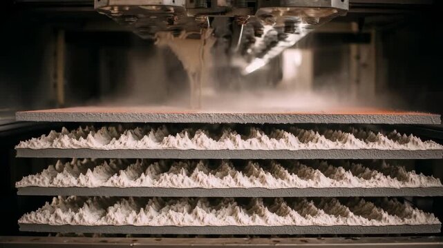Medium frame of detailed shell core production showing thin resincoated layers being formed around patterns in hightech manufacturing plant.