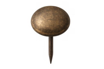 Vintage brass thumbtack on transparent background, a classic office supply for securing notes and documents