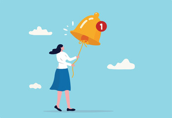 Ring subscription bell to get reminder for new social media content, young woman new subscriber ringing the big bell with notification number.